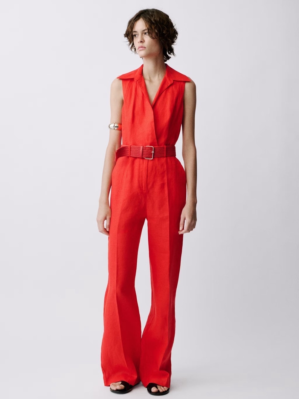 Mango Sleeveless Red Linen shirt jumpsuit with belt NWT